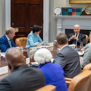 President Joe Biden attends a roundtable with CEOs and Administration officials, Tuesday, May 7, 2024, in the Roosevelt Room of the White House.