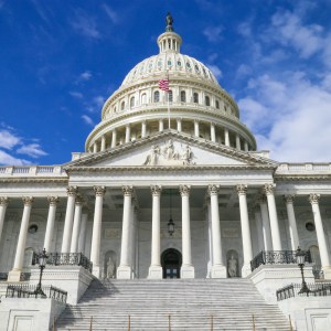 Foto del Capitolio de los Estados Unidos tomada durante el día desde un ángulo bajo.