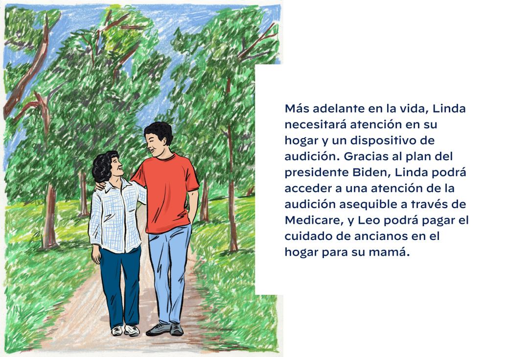Más adelante en la vida, Linda necesitará atención en su hogar y un dispositivo de audición. Gracias al plan del presidente Biden, Linda podrá acceder a una atención de la audición asequible a través de Medicare, y Leo podrá pagar el cuidado de ancianos en el hogar para su mamá.