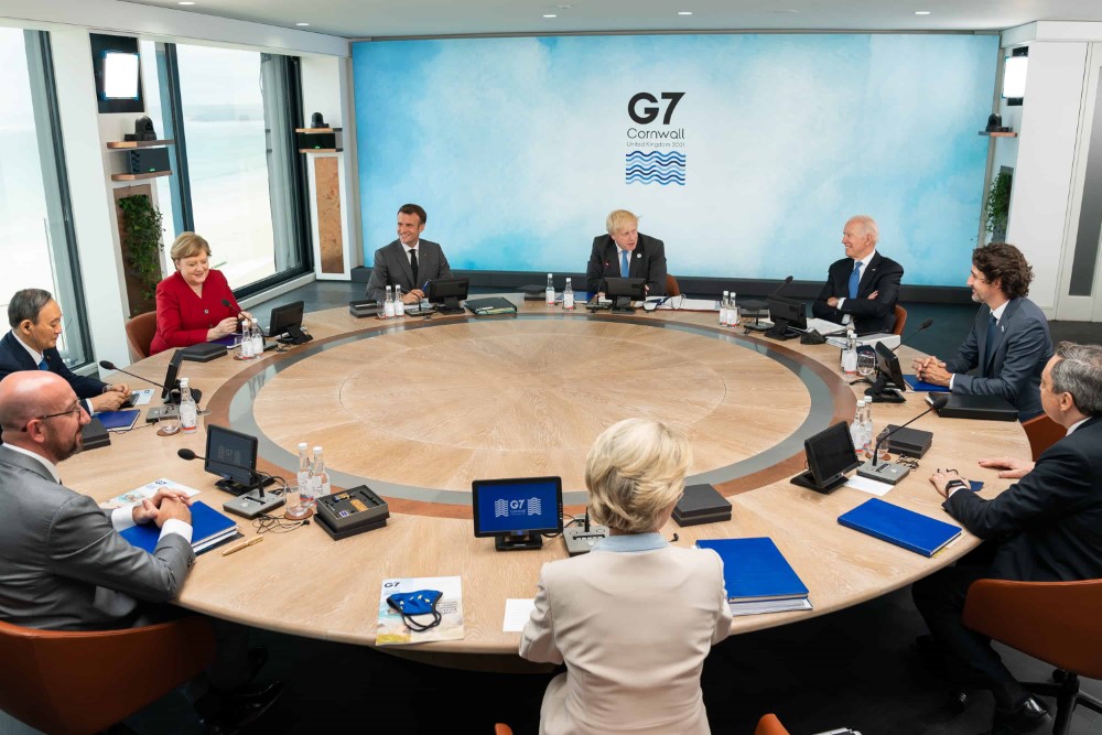 President Joe Biden attends a working session of the G7 summit Friday, June 11, 2021 at the Carbis Bay Hotel and Estate in St. Ives, Cornwall, England.