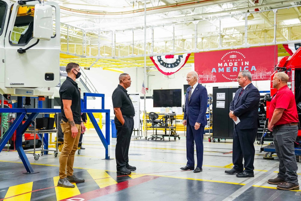 President Joe Biden tours the Mack-Lehigh Valley Operations Manufacturing Facility in Macungie, Pennsylvania on Wednesday, July 28, 2021.