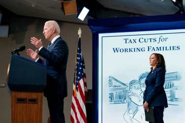 President Joe Biden, joined by Vice President Kamala Harris, delivers remarks on the Child Tax Credit Thursday, July 15, 2021, in the South Court Auditorium in the Eisenhower Executive Office Building at the White House.