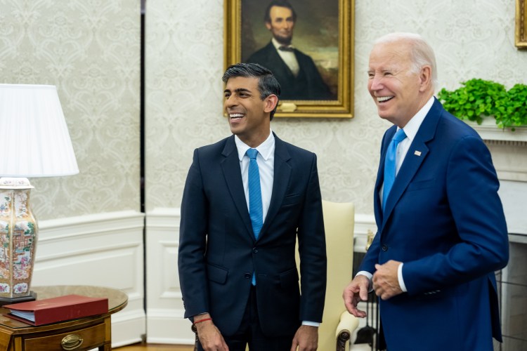 President Joe Biden meets with United Kingdom Prime Minister Rishi Sunak, Thursday, June 8, 2023, in the Oval Office of the White House.