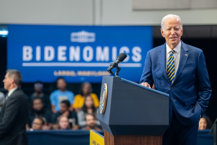 President Joe Biden delivers a speech on the U.S. economy and “Bidenomics”, Thursday, September 14, 2023, at Prince George’s Community College in Largo, Maryland.