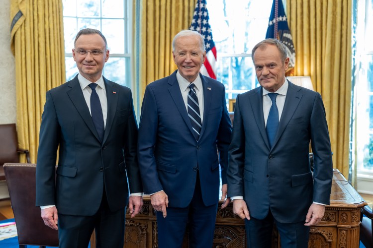President. Joe Biden greets President Andrzej Duda and Prime Minister Donald Tusk of Poland