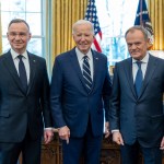 President. Joe Biden greets President Andrzej Duda and Prime Minister Donald Tusk of Poland
