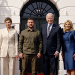 President Biden and First Lady Dr. Biden standing with President Zelensky and the First Lady of Ukraine