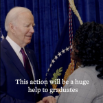 President Biden shakes hands with receipt of student debt relief aid