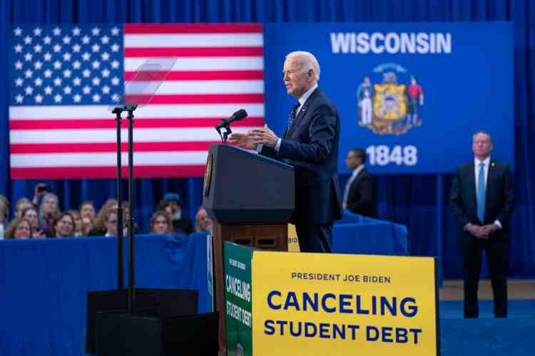 President Joe Biden delivers remarks on relief for borrowers disproportionately burdened by student loan debt, Monday, April 8, 2024, at Madison Area Technical College Traux Campus in Madison, Wisconsin.