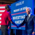 IBEW apprentice Shannon Thomas introduces President Joe Biden before his remarks on a preliminary agreement with Micron to expand U.S. CHIPS production