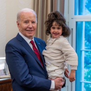 President Joe Biden, joined by National Security Adviser Jake Sullivan and Brett McGurk, greets four year old Abigail Mor Edan, who was released by Hamas, and her family