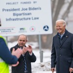 President Joe Biden is briefed by elected officials and union leaders on construction plans for the Blatnik Bridge