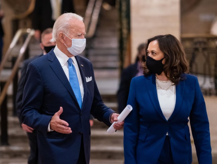 President Biden and Vice President Harris speak to each other while wearing masks and blue suits