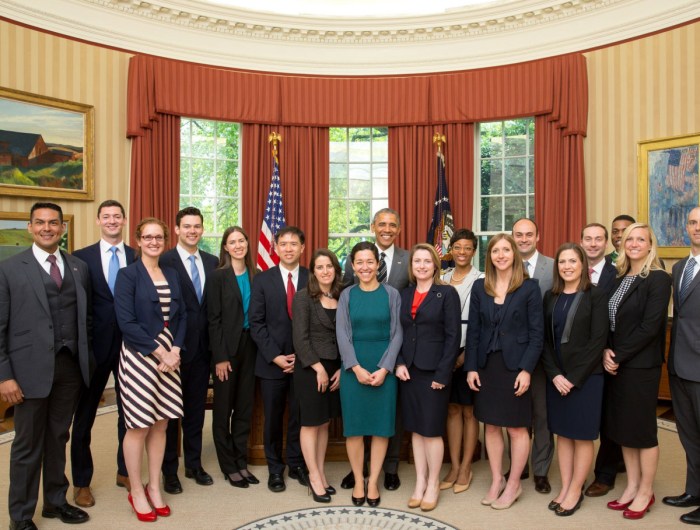 Barack Obama with White House Fellows in the Oval Office in 2015