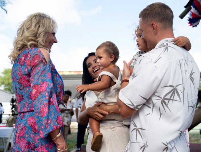 First Lady Jill Biden meets with military families during a barbeque