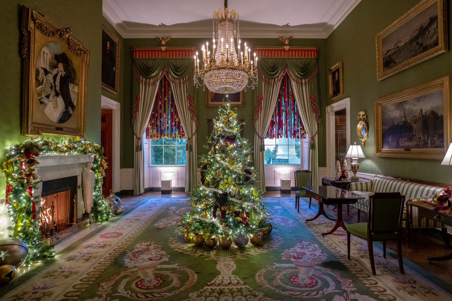 Christmas trees and garland in the Grand Foyer as the 2022 White House  Christmas decorations are