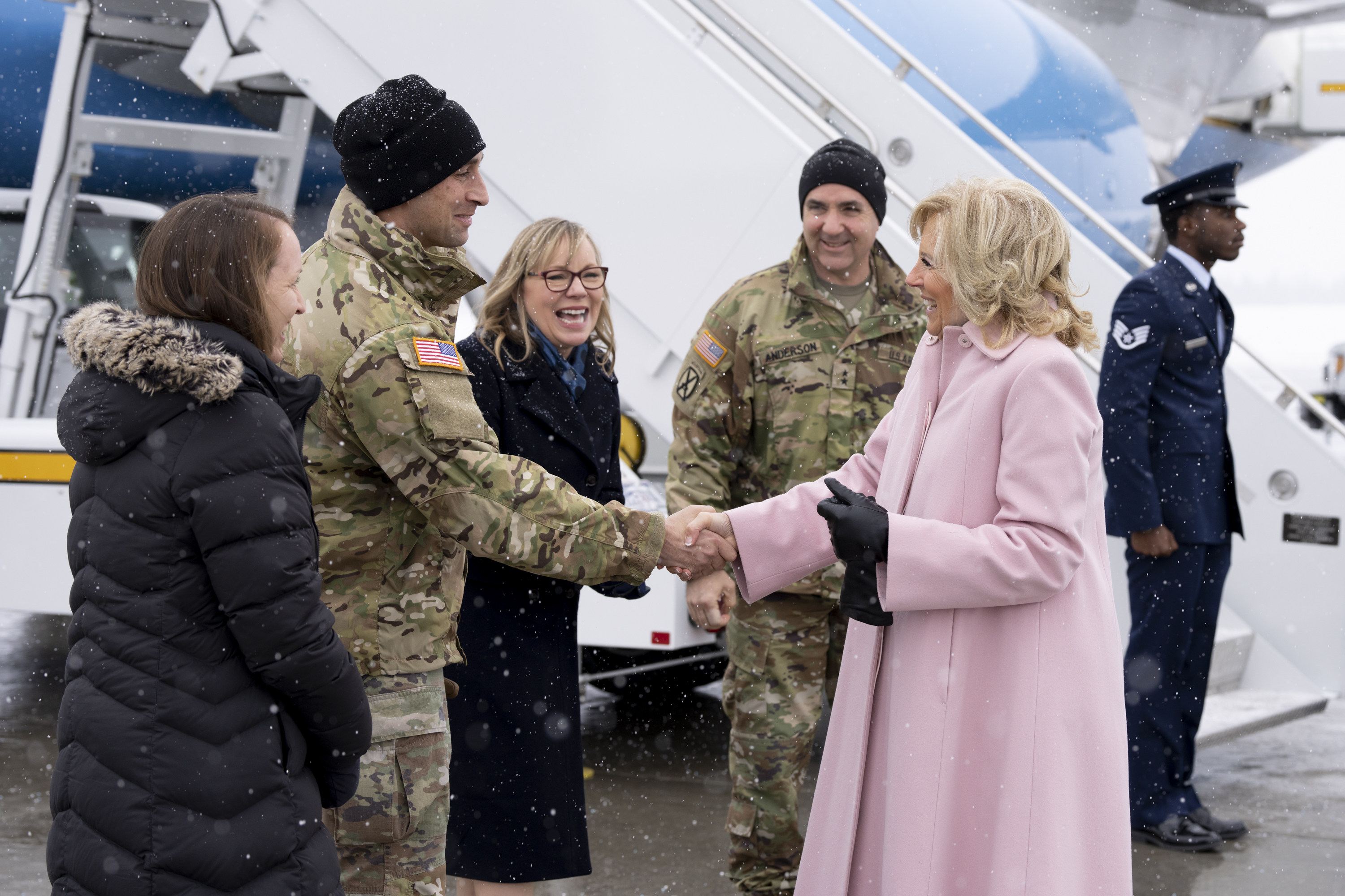 First Lady Jill Biden disembarks Bright Star and greets base leadership at Wheeler Sack Army Air Base in Fort Drum, New York, Monday, January 30, 2023. 