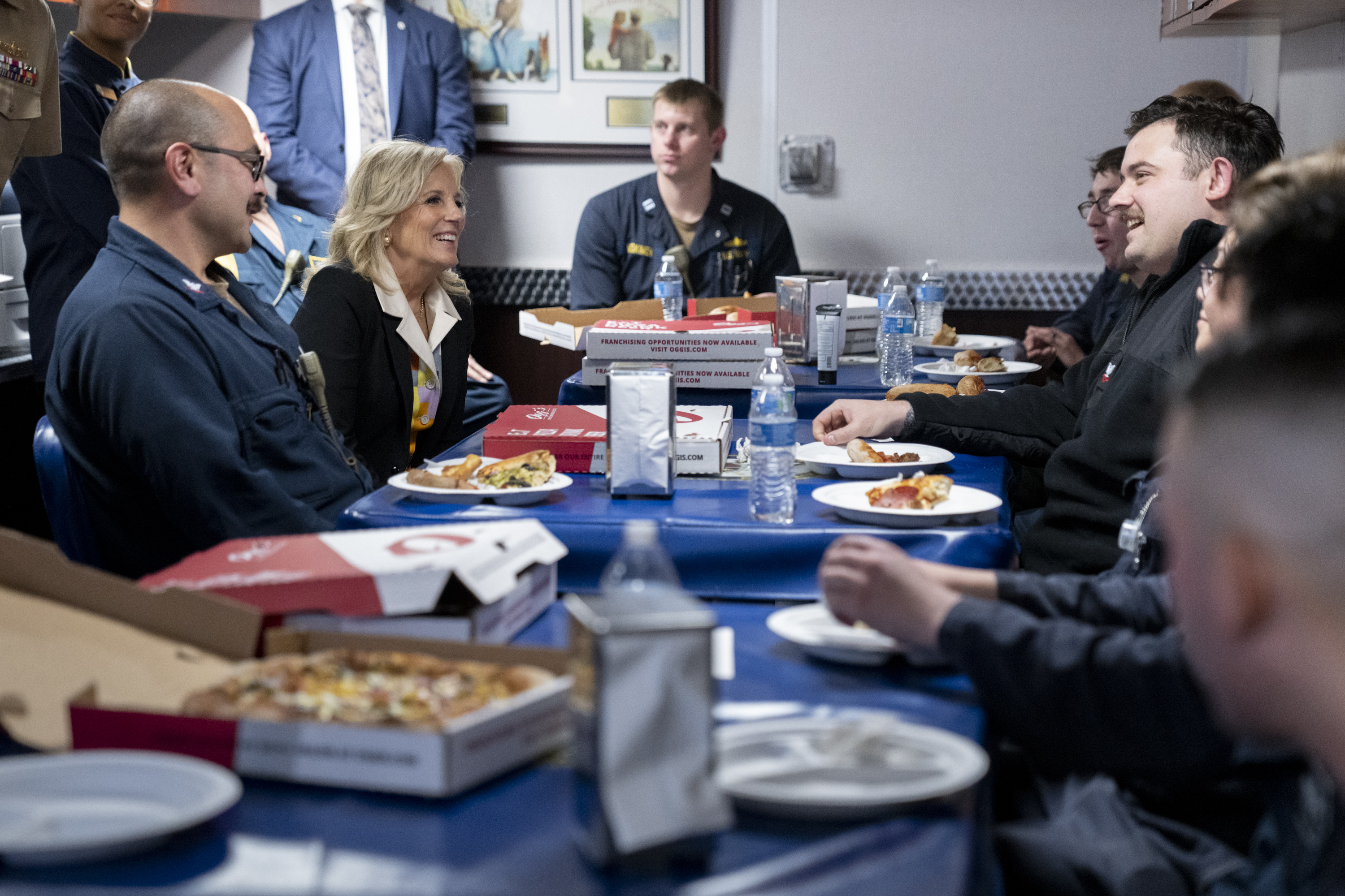 First Lady Jill Biden delivers pizzas and meets with the crew of the USS Gabrielle Giffords, Friday, February 3, 2023, at San Diego Naval Base in National City, California.