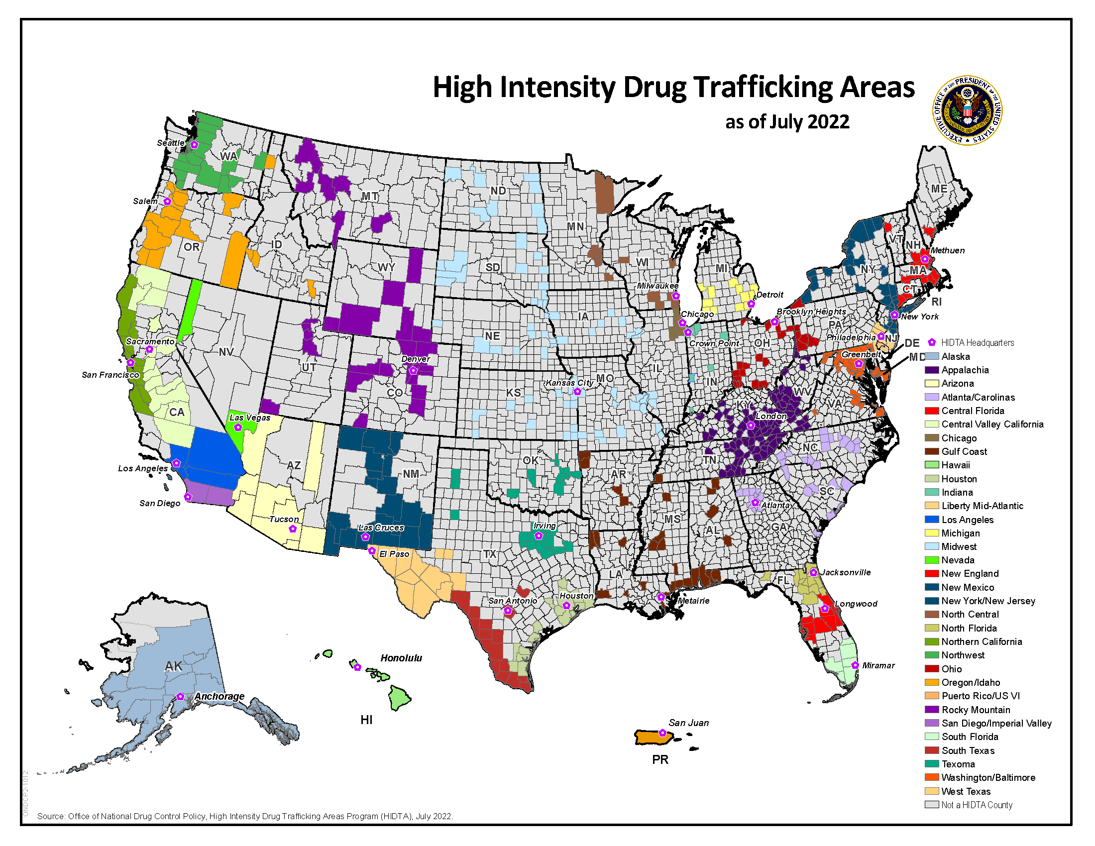 Map of High Density Drug Trafficking Areas as of July 2022