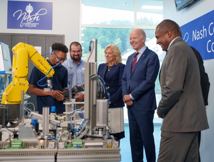 President Joe Biden and First Lady Jill Biden observe demonstrations by students during a tour of Nash Community College, Friday, June 9, 2023, in Rocky Mount, North Carolina.