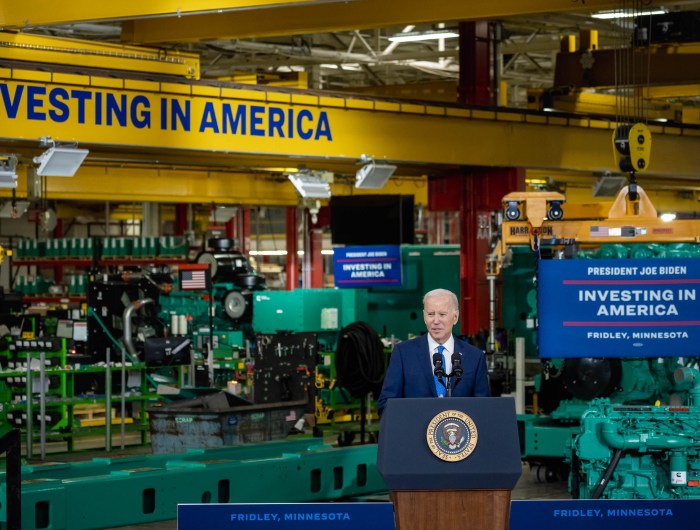 President Joe Biden delivers remarks on “Investing in America”, Monday, April 3, 2023, at the Cummins Power Generation facility in Fridley, Minnesota.
