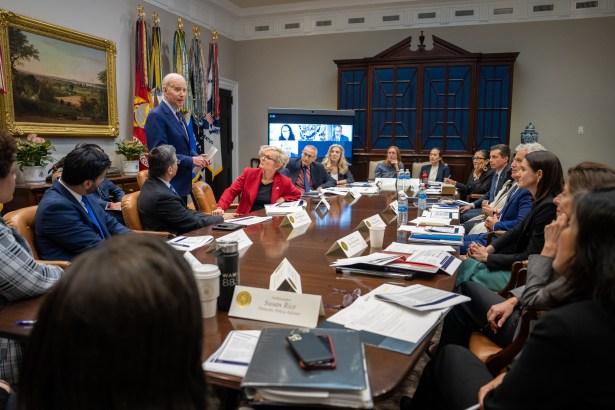 President Joe Biden drops by a meeting with Cabinet members and White House senior staff, Thursday, April 6, 2023, in the Roosevelt Room of the White House.