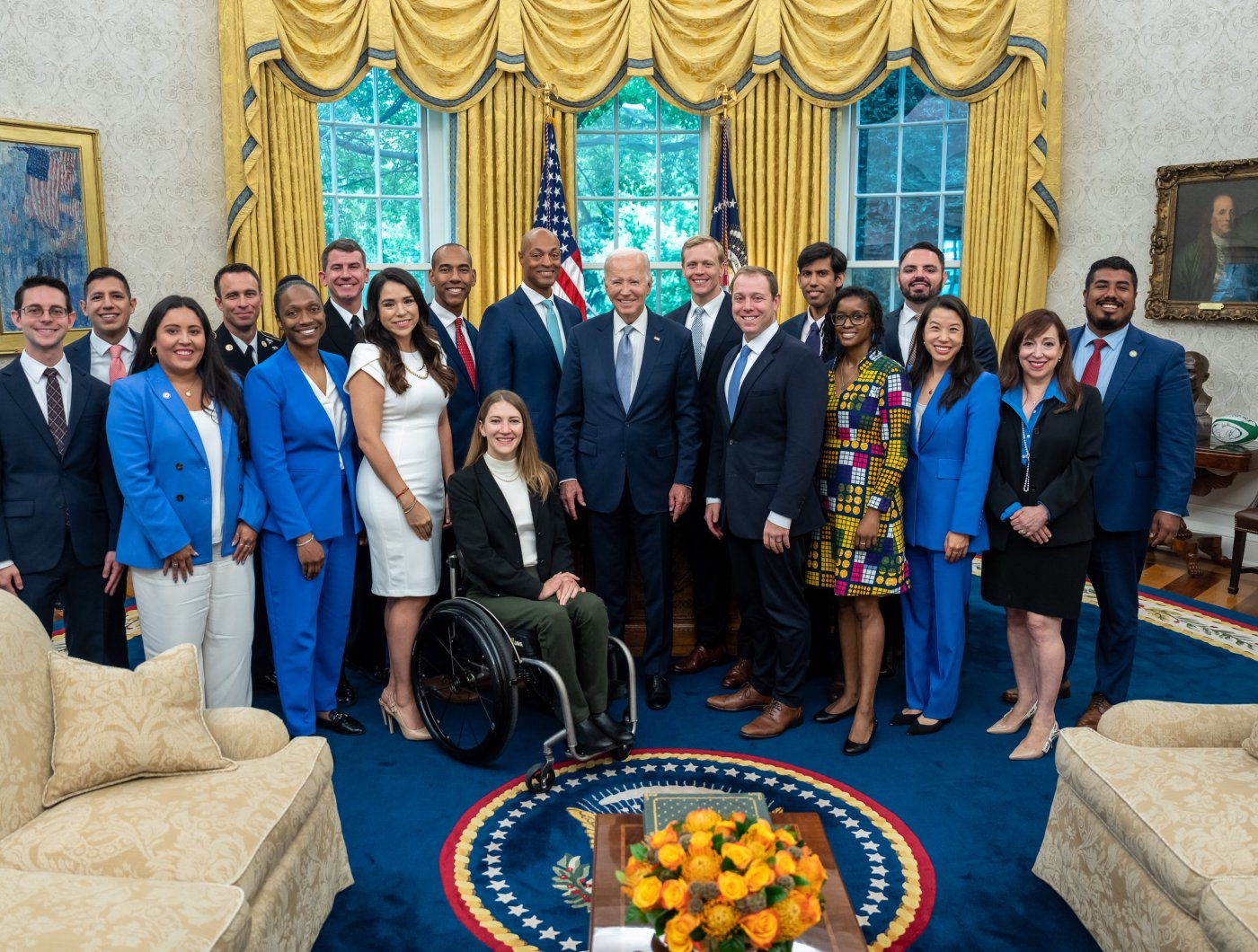 President Joe Biden greets White House Fellows, Tuesday, August 29, 2023, in the Oval Office.