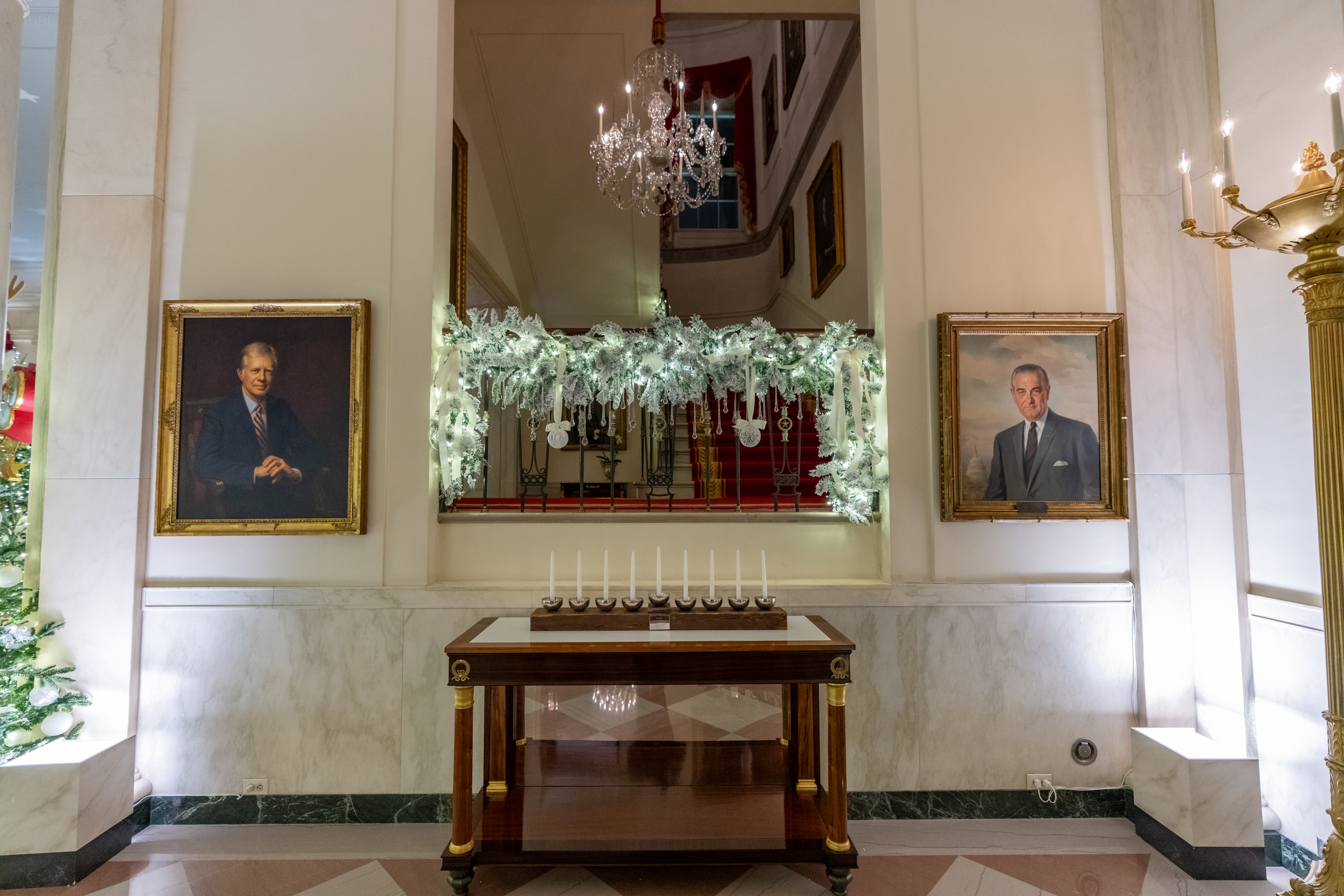 Cross Hall decorations and White House Menorah