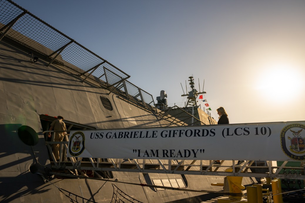 First Lady Jill Biden greets past Executive Officer Commander Phil Herndl and Command Senior Chief Randy Griffeth aboard the USS Gabrielle Giffords, Friday, February 3, 2023, at San Diego Naval Base in National City, California.