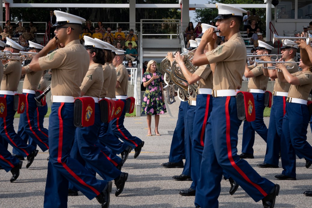 First Lady Jill Biden attends the Fox Company Basic Training Graduation at Marine Corps Recruit Depot on June 30, 2023, in Paris Island, S.C.