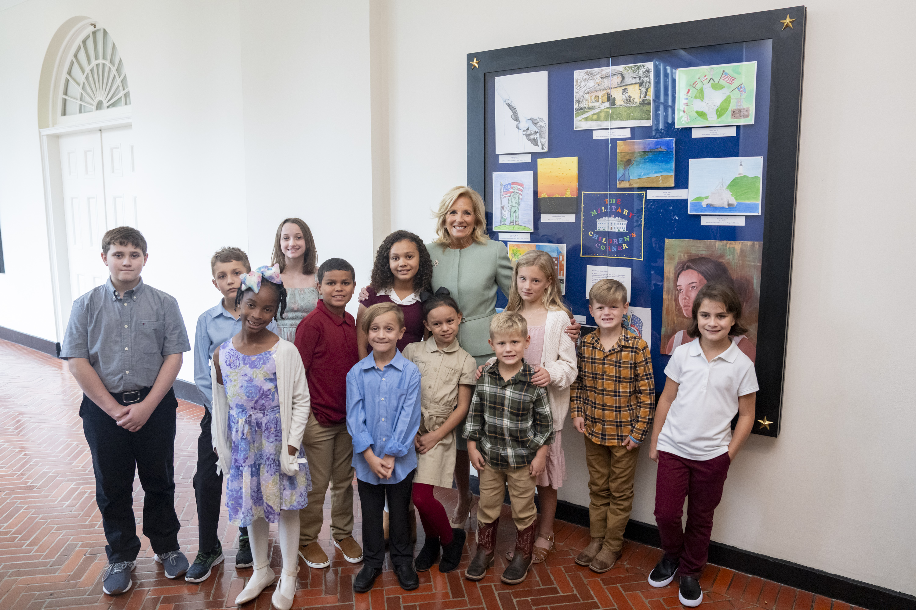 First Lady Jill Biden poses for a photo at the Military Children’s Corner with military children and their families, Monday, September 25, 2023, at the White House. 