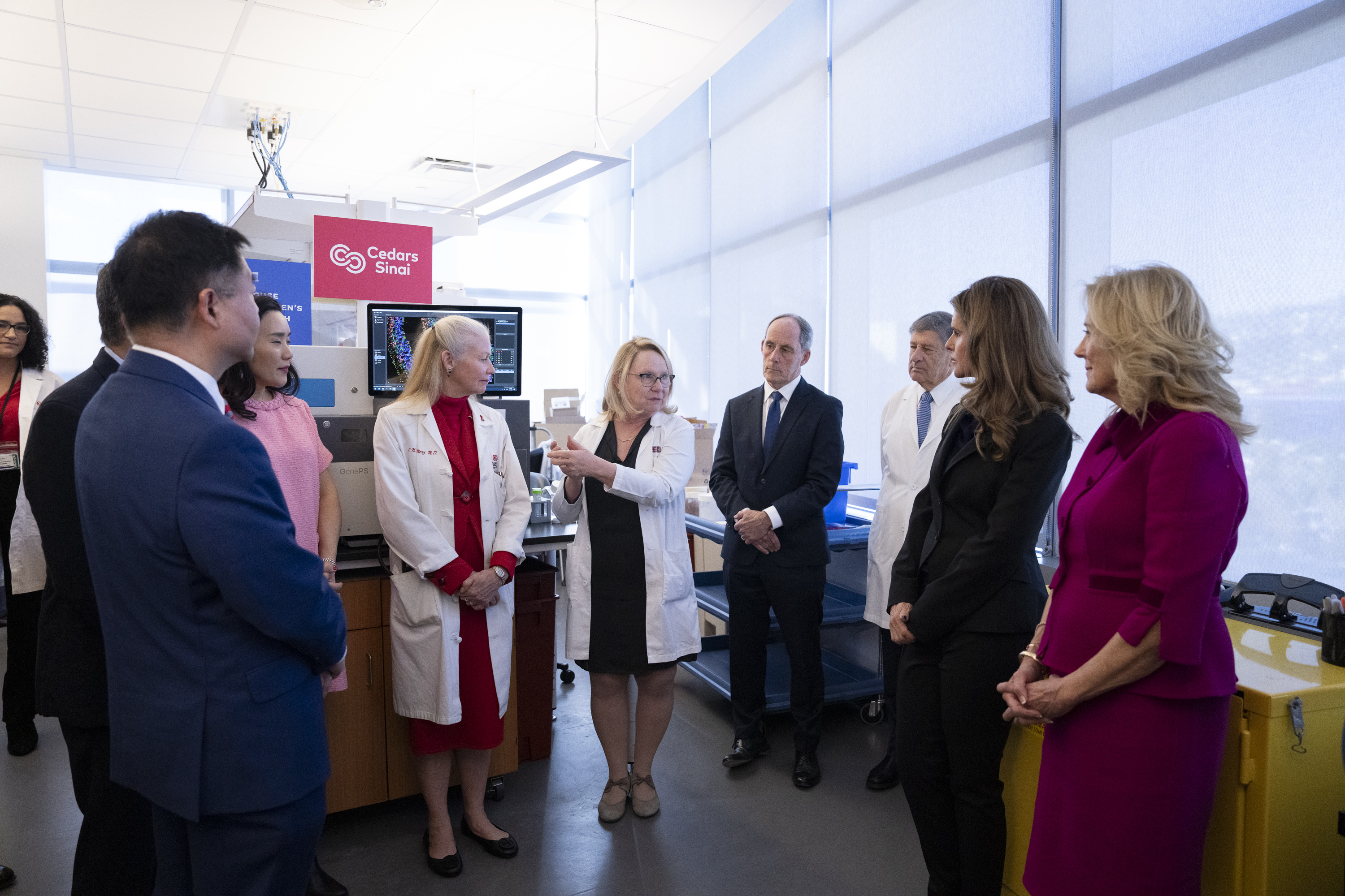 First Lady Jill Biden receives a briefing on heart disease in women from Dr. Jenny Van Eyk, Dr. Kirstin Washington and Dr. Sarah Parker in the Van Eyk Laboratory at Cedars-Sinai Medical Center, Friday, December 8, 2023, in Los Angeles