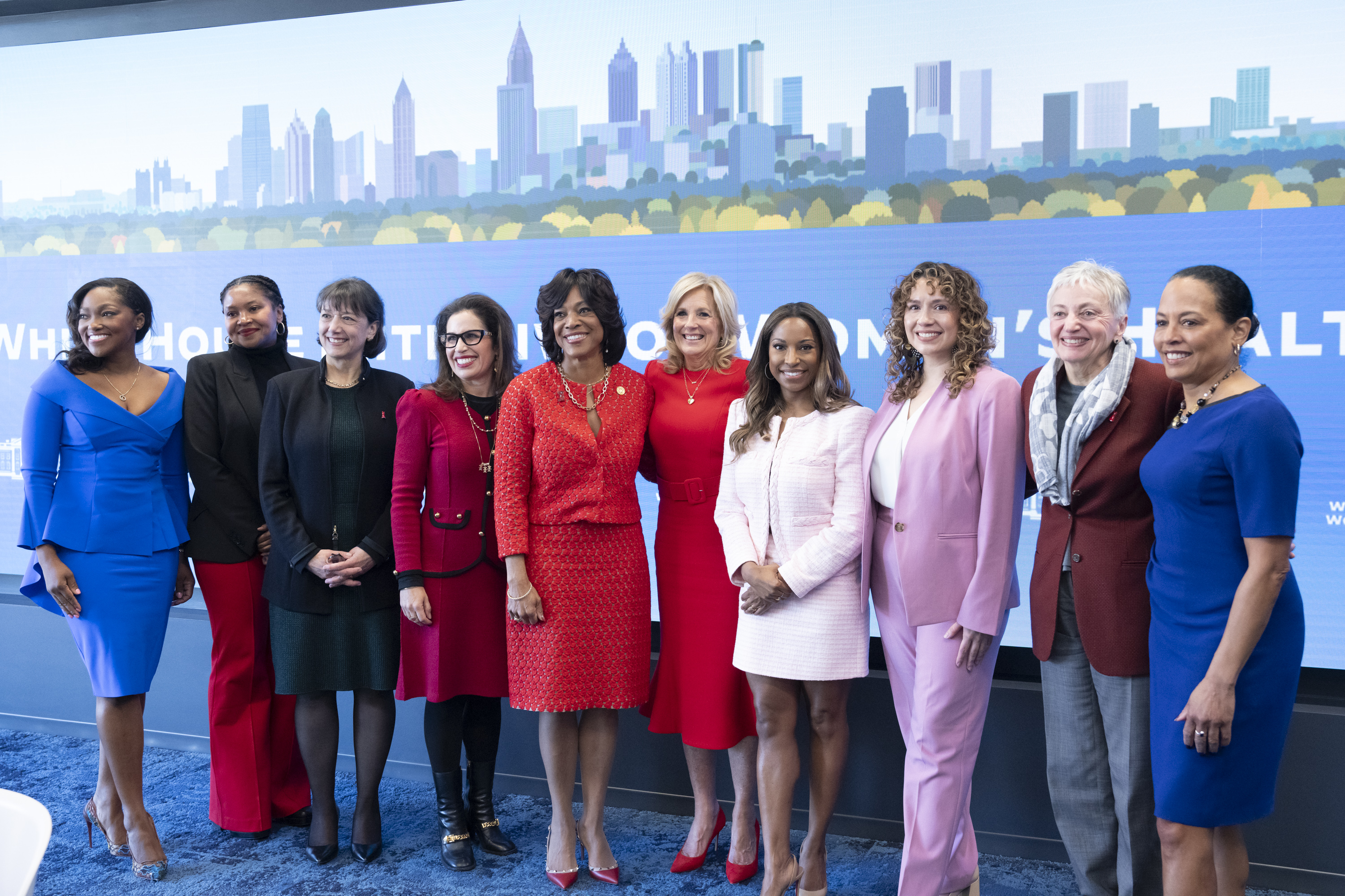 First Lady Jill Biden attends a Women’s Health Research roundtable, Wednesday, February 7, 2024, at Coda at Tech Square in Atlanta.
