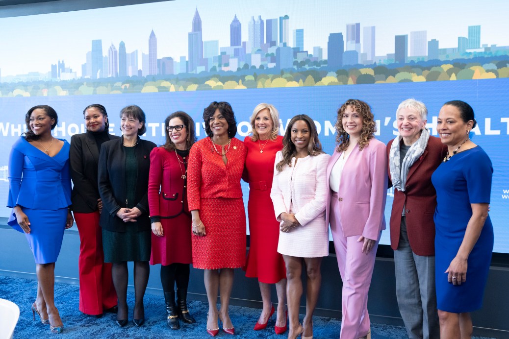 First Lady Jill Biden attends a Women’s Health Research roundtable, Wednesday, February 7, 2024, at Coda at Tech Square in Atlanta.