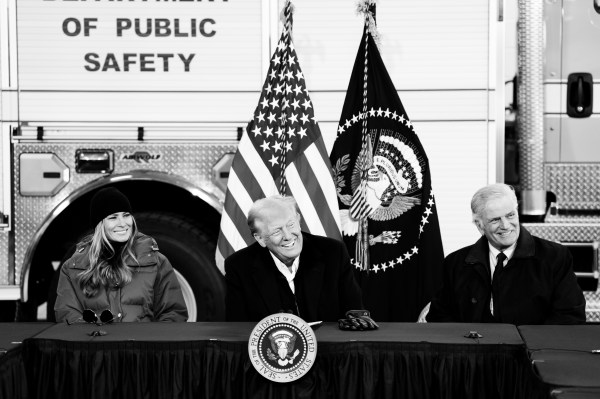 President Donald J. Trump and First Lady Melania Trump join a briefing on the effects of Hurricane Helene at Asheville Regional Airport in Fletcher, North Carolina , Friday, Jan. 24, 2025. (Official White House Photo by Andrea Hanks)