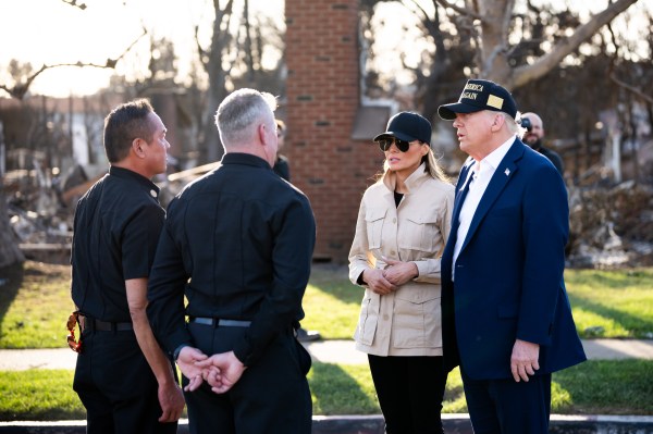 President Donald J. Trump and First Lady Melania Trump tour a Pacific Palisades neighborhood affected by recent wildfires in Los Angeles, Friday, Jan. 24, 2025. (Official White House Photo by Andrea Hanks)