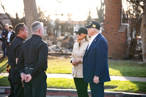 President Donald J. Trump and First Lady Melania Trump tour a Pacific Palisades neighborhood affected by recent wildfires in Los Angeles, Friday, Jan. 24, 2025. (Official White House Photo by Andrea Hanks)