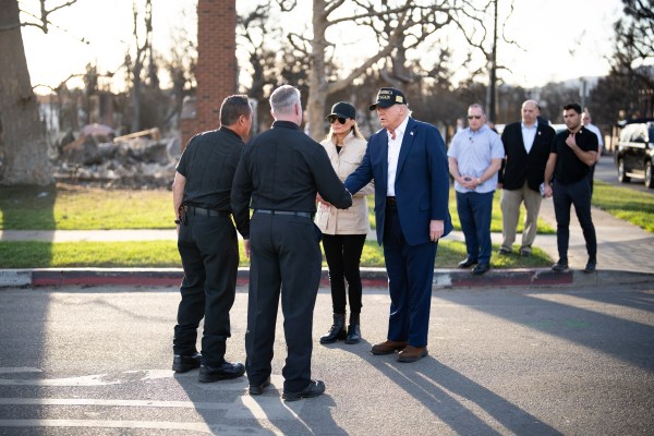 President Donald J. Trump and First Lady Melania Trump tour a Pacific Palisades neighborhood affected by recent wildfires in Los Angeles, Friday, Jan. 24, 2025. (Official White House Photo by Andrea Hanks)