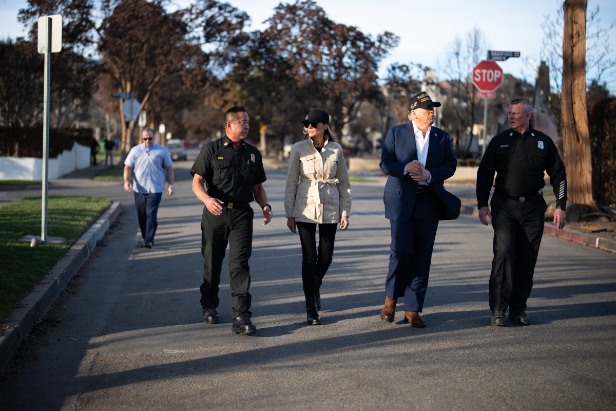 President Donald J. Trump and First Lady Melania Trump tour a Pacific Palisades neighborhood affected by recent wildfires in Los Angeles, Friday, Jan. 24, 2025. (Official White House Photo by Andrea Hanks)