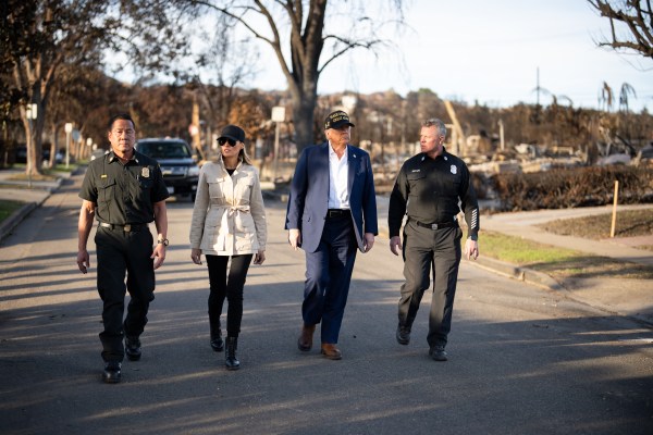 President Donald J. Trump and First Lady Melania Trump tour a Pacific Palisades neighborhood affected by recent wildfires in Los Angeles, Friday, Jan. 24, 2025. (Official White House Photo by Andrea Hanks)