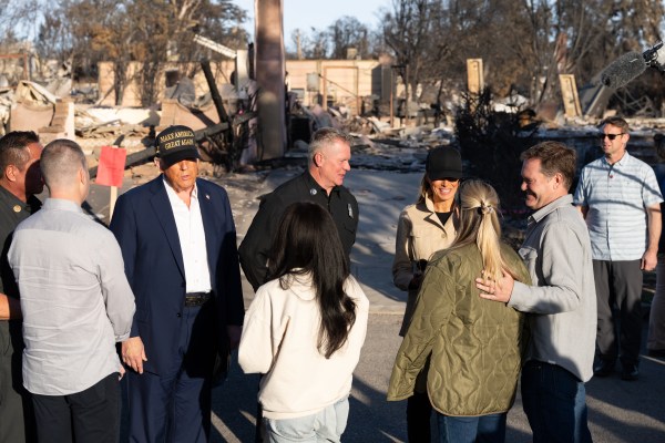 President Donald J. Trump and First Lady Melania Trump visit with resident as they tour the Pacific Palisades neighborhood affected by recent wildfires in Los Angeles, Friday, Jan. 24, 2025. (Official White House Photo by Andrea Hanks)