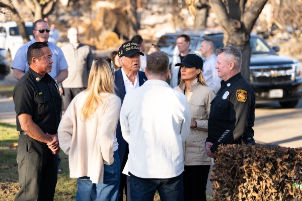 President Donald J. Trump and First Lady Melania Trump visit with resident as they tour the Pacific Palisades neighborhood affected by recent wildfires in Los Angeles, Friday, Jan. 24, 2025. (Official White House Photo by Andrea Hanks)