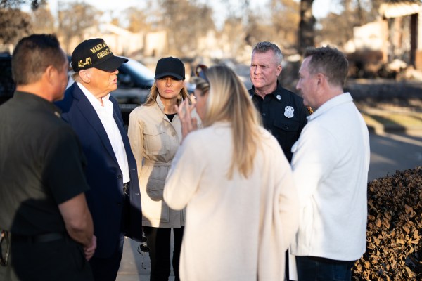 President Donald J. Trump and First Lady Melania Trump visit with resident as they tour the Pacific Palisades neighborhood affected by recent wildfires in Los Angeles, Friday, Jan. 24, 2025. (Official White House Photo by Andrea Hanks)