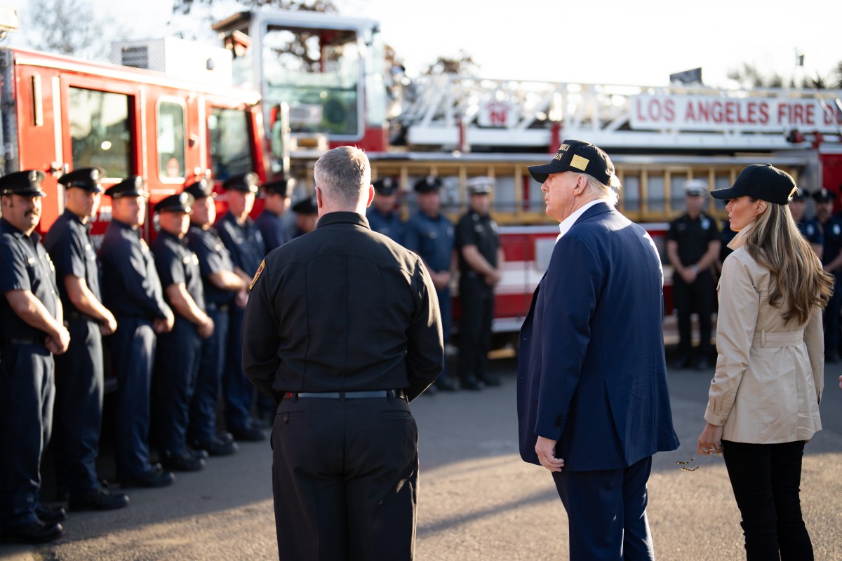 President Donald J. Trump and First Lady Melania Trump greet Los Angeles firefighters as they tour the Pacific Palisades neighborhood affected by recent wildfires in Los Angeles, Friday, Jan. 24, 2025. (Official White House Photo by Andrea Hanks)