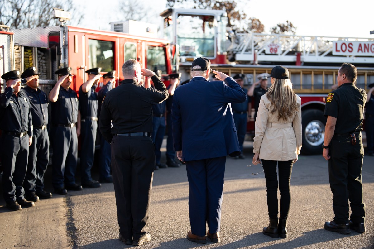 President Donald J. Trump and First Lady Melania Trump greet Los Angeles firefighters as they tour the Pacific Palisades neighborhood affected by recent wildfires in Los Angeles, Friday, Jan. 24, 2025. (Official White House Photo by Andrea Hanks)