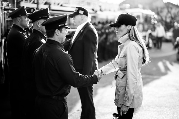 President Donald J. Trump and First Lady Melania Trump greet Los Angeles firefighters as they tour the Pacific Palisades neighborhood affected by recent wildfires in Los Angeles, Friday, Jan. 24, 2025. (Official White House Photo by Andrea Hanks)