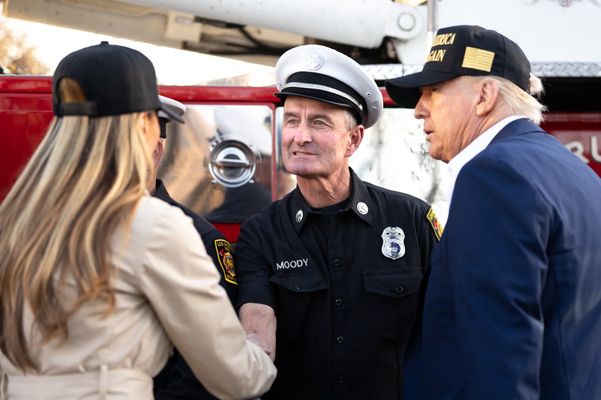 President Donald J. Trump and First Lady Melania Trump greet Los Angeles firefighters as they tour the Pacific Palisades neighborhood affected by recent wildfires in Los Angeles, Friday, Jan. 24, 2025. (Official White House Photo by Andrea Hanks)