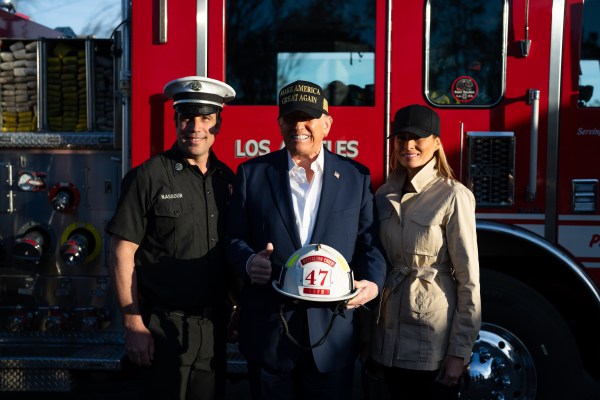 President Donald J. Trump and First Lady Melania Trump greet Los Angeles firefighters as they tour the Pacific Palisades neighborhood affected by recent wildfires in Los Angeles, Friday, Jan. 24, 2025. (Official White House Photo by Andrea Hanks)