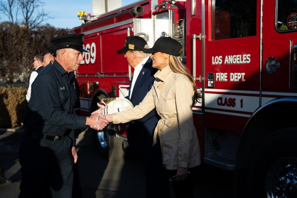 President Donald J. Trump and First Lady Melania Trump greet Los Angeles firefighters as they tour the Pacific Palisades neighborhood affected by recent wildfires in Los Angeles, Friday, Jan. 24, 2025. (Official White House Photo by Andrea Hanks)