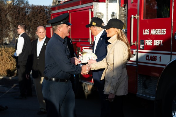 President Donald J. Trump and First Lady Melania Trump greet Los Angeles firefighters as they tour the Pacific Palisades neighborhood affected by recent wildfires in Los Angeles, Friday, Jan. 24, 2025. (Official White House Photo by Andrea Hanks)